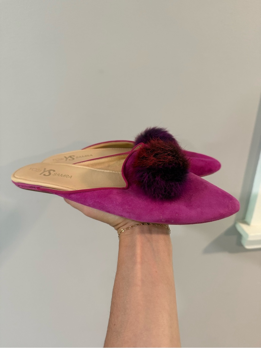 Yosi Samra Magenta Suede Pom-Pom Mules - Picture 3 of 5